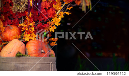 orange sun flowers and pumpkin Thanksgiving holidays October season festive background with black copy space pattern 139396512