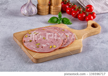 Italian mortadella pork sausages slices Italian mortadella pork sausages slices 139396717