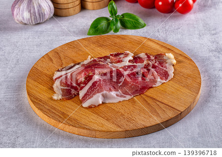 Cured pork Spanish jamon slices Cured pork Spanish jamon slices 139396718