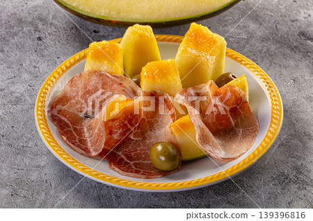 Cured ham and fresh melon appetizer, a classic Italian antipasto 139396816