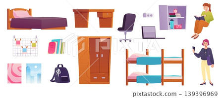 Dormitory bedroom stuff vector flat set, interior elements, furniture, books, laptop, two-storey bed, women roommates Dormitory bedroom stuff vector flat set, interior elements, furniture, books, laptop, two-storey bed, women roommates 139396969