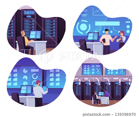 Big data control center, engineers using computers and analyzing graphs on screens in server room vector flat set Big data control center, engineers using computers and analyzing graphs on screens in server room vector flat set 139396970