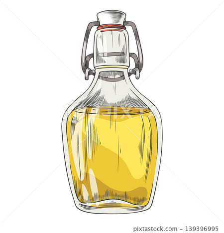 Watercolor sketch of a glass bottle with a yellow liquid, sealed with a cork. 139396995