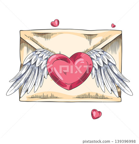 Envelope letter with pink heart and wings vector sketch, hand drawn romantic Valentine's Day gift, love mail message Envelope letter with pink heart and wings vector sketch, hand drawn romantic Valentine's Day gift, love mail message 139396998