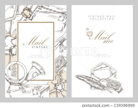Vintage postcard set with envelopes, quill, stamps, and a horn, monochrome hand-drawn sketch. 139396999
