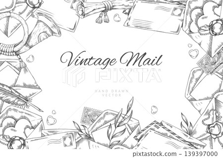 Vintage mail vector engraved hand drawn, envelopes, postage stamps and wax seal, letters, feather pen, scroll sketch Vintage mail vector engraved hand drawn, envelopes, postage stamps and wax seal, letters, feather pen, scroll sketch 139397000