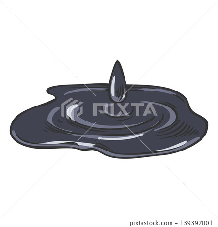 A puddle of black liquid, a falling drop, and a ripple effect, a hand-drawn watercolor sketch. A puddle of black liquid, a falling drop, and a ripple effect, a hand-drawn watercolor sketch. 139397001