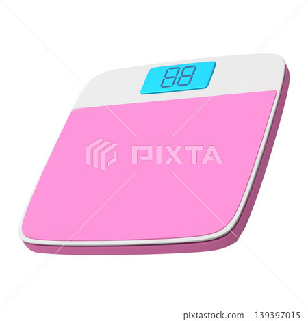 A modern electronic floor scale in a bright pink design with a digital LCD display. 139397015