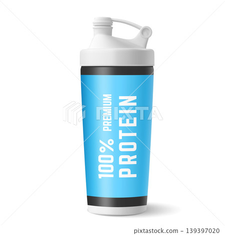 White sports shaker with a blue label reading "100 Premium Protein." 139397020