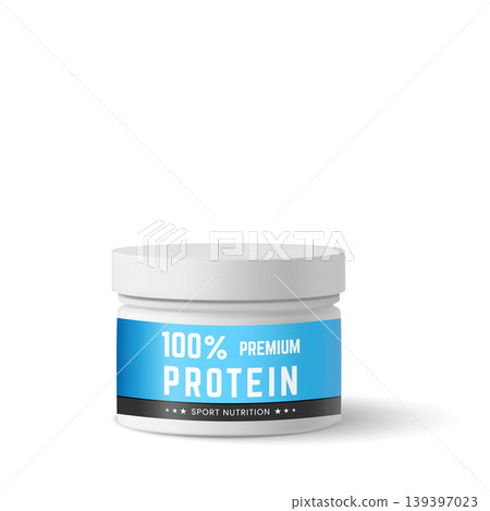 White plastic bottle with blue label sport nutrition label, realistic premium protein container vector 3D mockup White plastic bottle with blue label sport nutrition label, realistic premium protein container vector 3D mockup 139397023