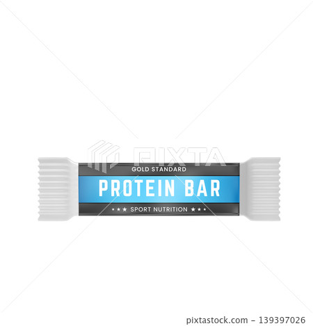 Protein bar package with white wrapper and blue label realistic 3D vector mockup, sport nutrition, supplement product Protein bar package with white wrapper and blue label realistic 3D vector mockup, sport nutrition, supplement product 139397026
