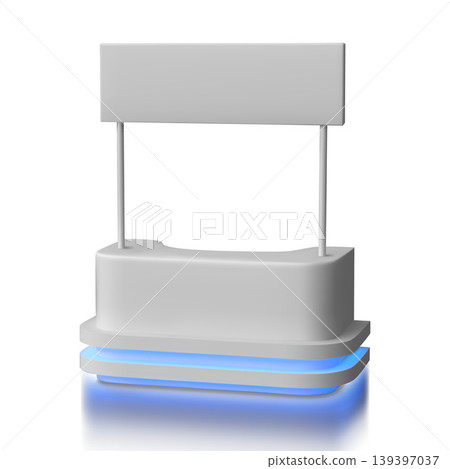 Advertising promo booth stand, service desk vector realistic 3D mockup, presentation kiosk signboard, led illumination Advertising promo booth stand, service desk vector realistic 3D mockup, presentation kiosk signboard, led illumination 139397037