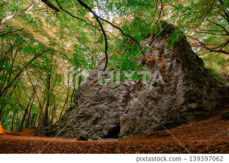 Solitary rock formation stands majestically within a lush forest clearing Solitary rock formation stands majestically within a lush forest clearing 139397062