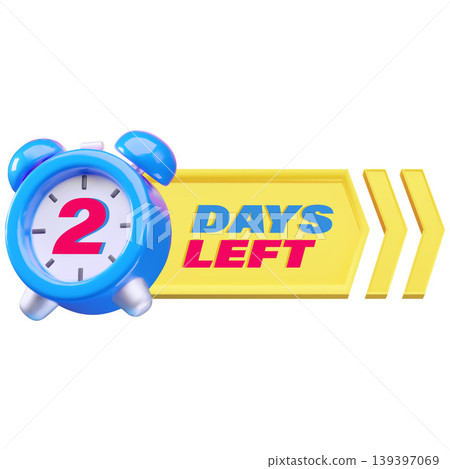 A 3D banner with a blue alarm clock, the number 2, a yellow arrow, and the text "Days Remaining." A 3D banner with a blue alarm clock, the number 2, a yellow arrow, and the text "Days Remaining." 139397069