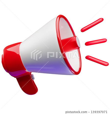 A red and white 3D megaphone icon with sound waves. A red and white 3D megaphone icon with sound waves. 139397071