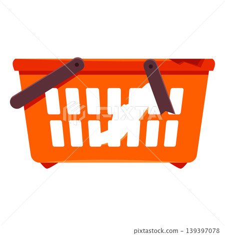 Old orange empty shopping basket flat vector icon, cartoon broken plastic box container with damaged handles Old orange empty shopping basket flat vector icon, cartoon broken plastic box container with damaged handles 139397078