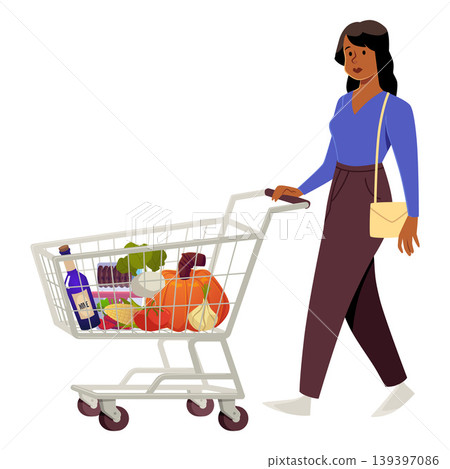 Woman walking with shopping cart with food, vector flat metal basket container on wheels with bottle of wine, vegetables Woman walking with shopping cart with food, vector flat metal basket container on wheels with bottle of wine, vegetables 139397086