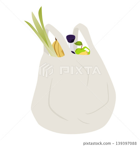 Shopping bag with food vector flat illustration, white tote bag with vegetables and fruits purchases, grocery products Shopping bag with food vector flat illustration, white tote bag with vegetables and fruits purchases, grocery products 139397088