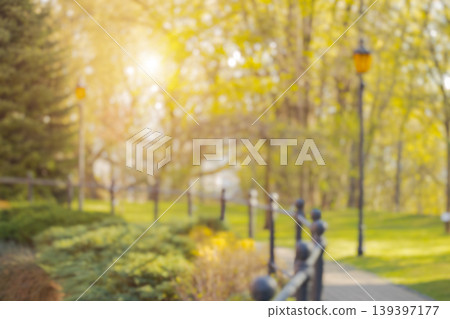 Warm summer sun shines through trees in a park with a pathway and lamppost Warm summer sun shines through trees in a park with a pathway and lamppost 139397177
