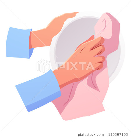 Hands wipe the plate with a towel, cartoon hand towel, clean bath cotton textile for kitchen vector flat illustration Hands wipe the plate with a towel, cartoon hand towel, clean bath cotton textile for kitchen vector flat illustration 139397193