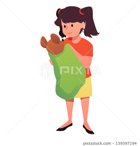 A girl wipes a teddy bear toy with a green towel, clean shower bath cotton textile, vector game bath hygiene procedures A girl wipes a teddy bear toy with a green towel, clean shower bath cotton textile, vector game bath hygiene procedures 139397194