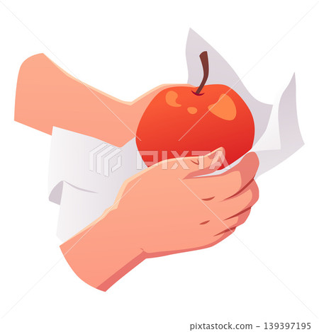 Wipe the apple with a napkin towel flat vector icon, cartoon hand towel, clean bath and kitchen hygiene cotton textile Wipe the apple with a napkin towel flat vector icon, cartoon hand towel, clean bath and kitchen hygiene cotton textile 139397195
