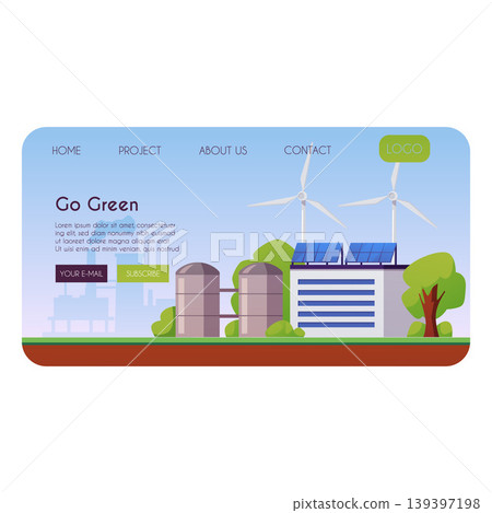 Go green landing page vector flat design, sustainable smart green factory building with wind turbines and solar panels 139397198