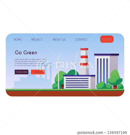 Go green industrial plant landing page vector flat design, sustainable smart green factory building with wind turbines 139397199