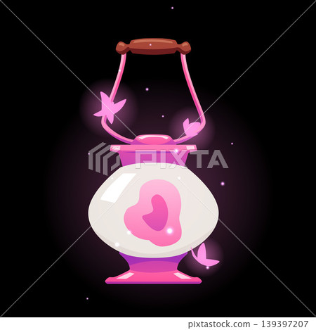 Vintage magic lantern with sparkles and butterflies glowing on dark background, vector fairytale pink round wizard lamp Vintage magic lantern with sparkles and butterflies glowing on dark background, vector fairytale pink round wizard lamp 139397207