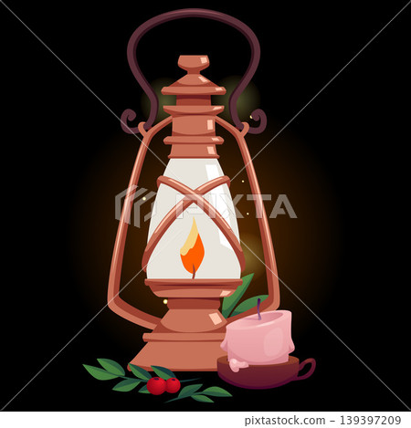 Vintage magic lantern with burning candle and red berries with leaves, vector antique bronze holder medieval lamp Vintage magic lantern with burning candle and red berries with leaves, vector antique bronze holder medieval lamp 139397209