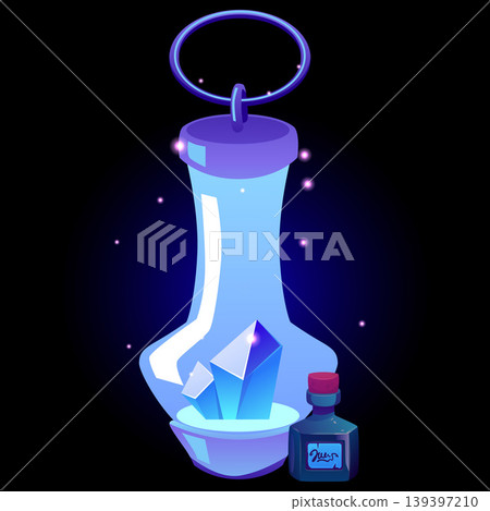 Vintage magic lantern with glowing crystals and ink bottle, vector cartoon fairytale antique blue wizard lamp, sparkles Vintage magic lantern with glowing crystals and ink bottle, vector cartoon fairytale antique blue wizard lamp, sparkles 139397210