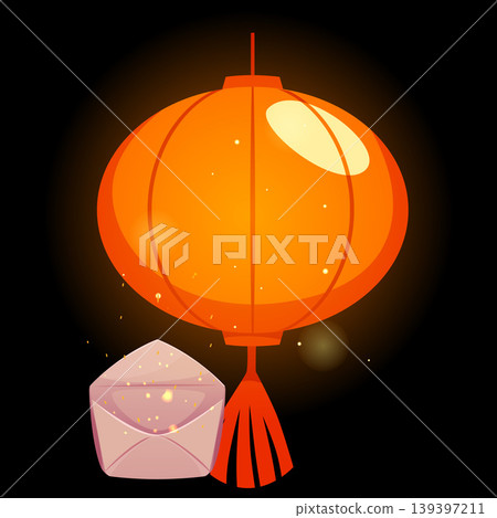 Hanging round red paper lantern with tassel glowing on dark background, vector cartoon Asian lamp and envelope letter Hanging round red paper lantern with tassel glowing on dark background, vector cartoon Asian lamp and envelope letter 139397211