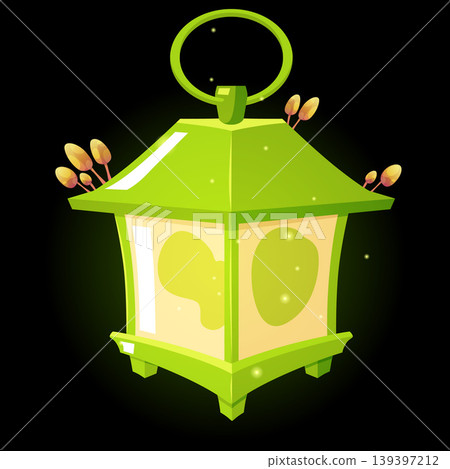 Vintage lantern with magic mushrooms flat vector, fairytale antique hanging candle holder green cube shape, wizard lamp Vintage lantern with magic mushrooms flat vector, fairytale antique hanging candle holder green cube shape, wizard lamp 139397212