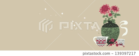 Traditional Asian vase with flowers, teapot and mug, vintage oriental pottery floral ornament, vector beige background Traditional Asian vase with flowers, teapot and mug, vintage oriental pottery floral ornament, vector beige background 139397217