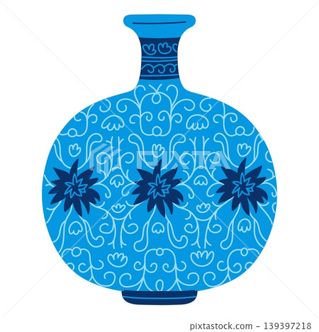 Asian wide vase and narrow neck, vector blue porcelain or clay tableware, vintage oriental pottery floral ornaments Asian wide vase and narrow neck, vector blue porcelain or clay tableware, vintage oriental pottery floral ornaments 139397218