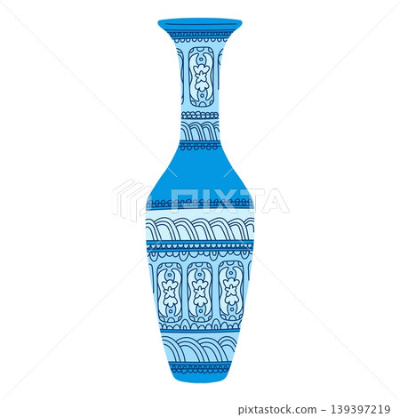 Elegant traditional Asian vase with floral ornaments, vector blue porcelain or clay tableware, vintage oriental pottery 139397219