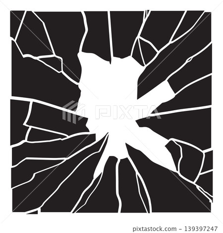 Shattered glass or fractured square shape with hole, vector broken fragment frame black and white background with cracks Shattered glass or fractured square shape with hole, vector broken fragment frame black and white background with cracks 139397247
