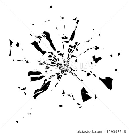 Black shattered and fractured glass with chaotic scattered splinters fragments, vector broken background, burst effect 139397248
