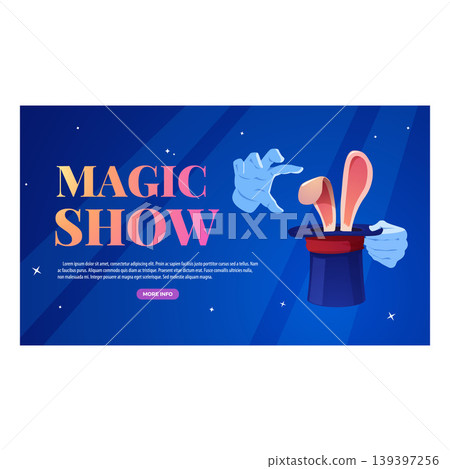 Magic show banner vector design, magician hat with hare inside, ears stick out, vector cartoon illusionist focus trick Magic show banner vector design, magician hat with hare inside, ears stick out, vector cartoon illusionist focus trick 139397256
