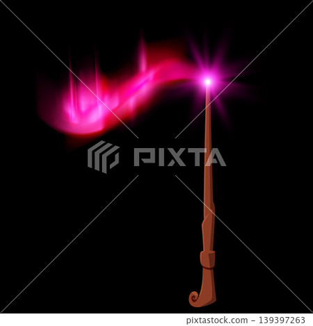 Wooden magic wand with pink glowing, miracle stick with sparkle ray lights, wizard weapon rod fantasy game asset stuff Wooden magic wand with pink glowing, miracle stick with sparkle ray lights, wizard weapon rod fantasy game asset stuff 139397263