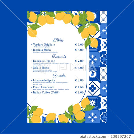 Mediterranean menu vector design, lemon groves and Amalfi tile blue ceramic mosaic floral pattern frame, dessert drink Mediterranean menu vector design, lemon groves and Amalfi tile blue ceramic mosaic floral pattern frame, dessert drink 139397267