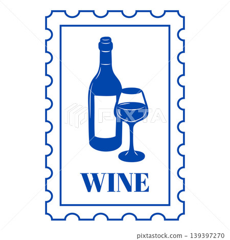 Glass and bottle of wine blue line art on vector postage stamp with wavy edges, alcohol beverage, cabernet wineglass Glass and bottle of wine blue line art on vector postage stamp with wavy edges, alcohol beverage, cabernet wineglass 139397270
