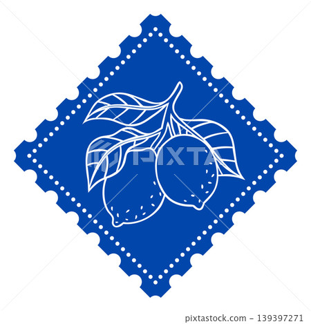 Postage stamp with lemons and wavy edges blue line art, citrus fruits on branch with leaves, Mediterranean vector design Postage stamp with lemons and wavy edges blue line art, citrus fruits on branch with leaves, Mediterranean vector design 139397271