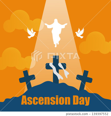 Ascension Day Greeting featuring the silhouette of Jesus Christ ascending in a beam of light above three crosses on a hill with doves and clouds. 139397552