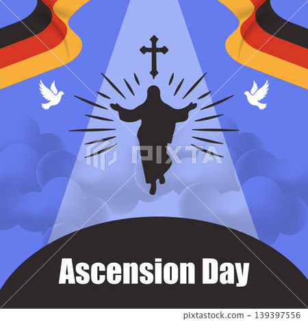 Ascension Day greeting in Germany featuring the silhouette of Jesus Christ, doves, and the German national flag and blue clouds. Ascension Day greeting in Germany featuring the silhouette of Jesus Christ, doves, and the German national flag and blue clouds. 139397556