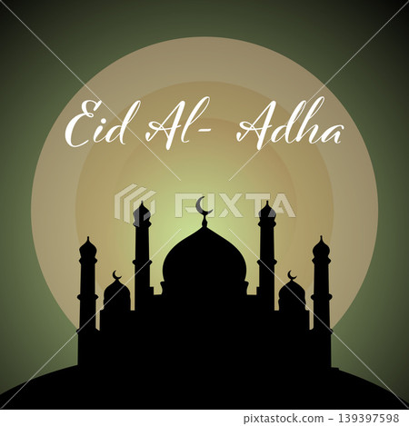 Eid Al-Adha greeting card featuring a black silhouette of a mosque with domes and minarets against a glowing circular gradient background in green and gold tones. Eid Al-Adha greeting card featuring a black silhouette of a mosque with domes and minarets against a glowing circular gradient background in green and gold tones. 139397598