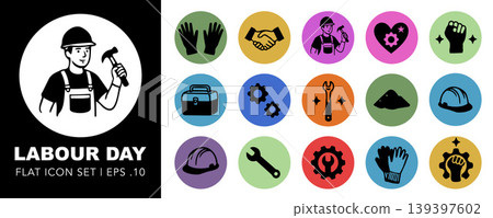 International Labour Day Flat Icon Set Featuring Worker Silhouettes and Construction Tool Elements.Vector Illustration International Labour Day Flat Icon Set Featuring Worker Silhouettes and Construction Tool Elements.Vector Illustration 139397602