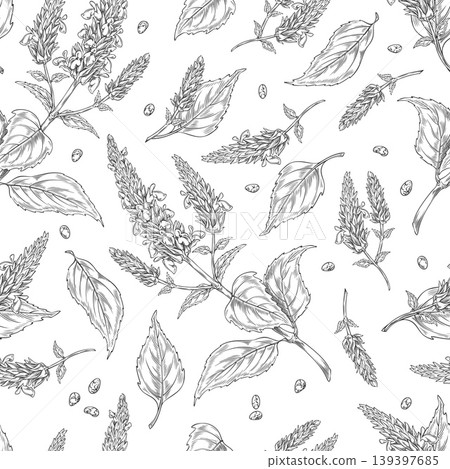 Seamless wallpaper with a monochromatic sketch of flowers, leaves, and chia seeds, hand-drawn. 139397685