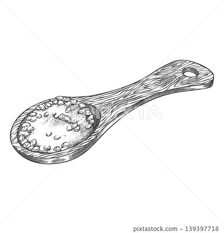 Black and white engraving of a wooden spoon with chia seeds, hand sketch. Black and white engraving of a wooden spoon with chia seeds, hand sketch. 139397718