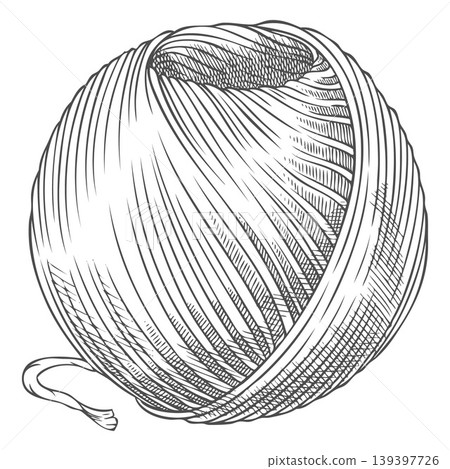 Skein of thread, Linen rope roll sketch icon, natural tangle hand drawn engraved vector illustration, jute cord Skein of thread, Linen rope roll sketch icon, natural tangle hand drawn engraved vector illustration, jute cord 139397726